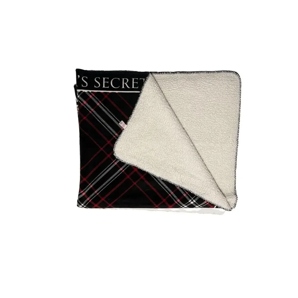 Victorias Secret Reversible Fleece Faux Shearling Blanket Black Red White Throw